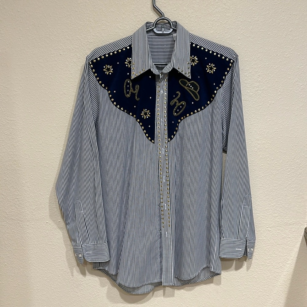 Blue And White Long Sleeve Women's Blouse—Cowgirl theme—Size S